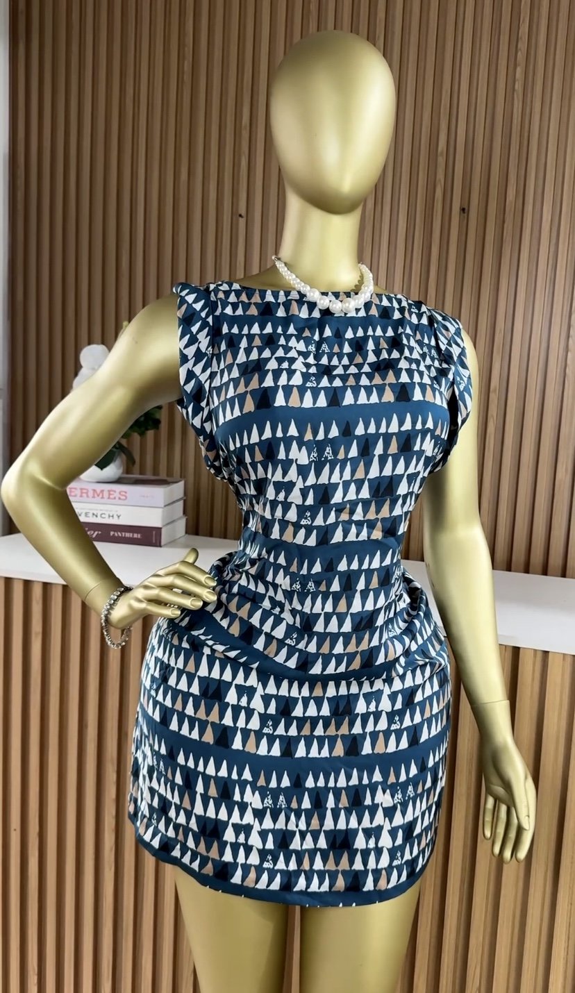 Blue geometric print sleeveless dress B251 (40D)